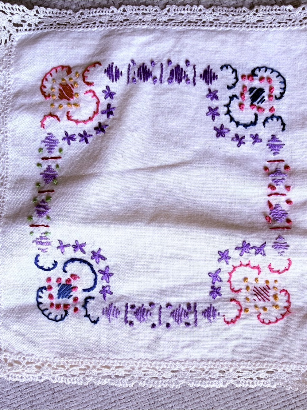 Vintage - Hand-Embroidered Floral Linen Square - Purple & Pink Accents